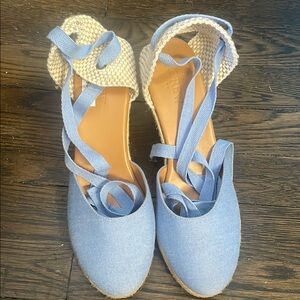 Blue Espadrille Wedges with Cream Accents